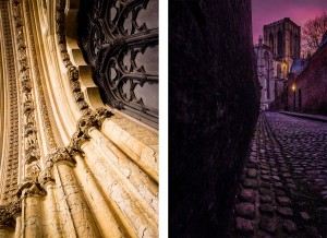 The stone carvings above the Great West Door of York Minster; and a grainy photograph of York Minster's Central Tower. February 7, 2015
